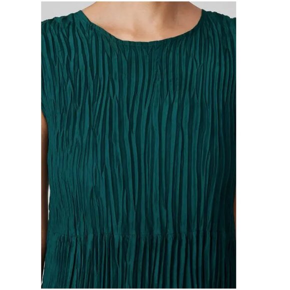 Eileen Fisher crinkle silk dress M medium Jewel Neck Tiered crushed teal aegean - Picture 3 of 9